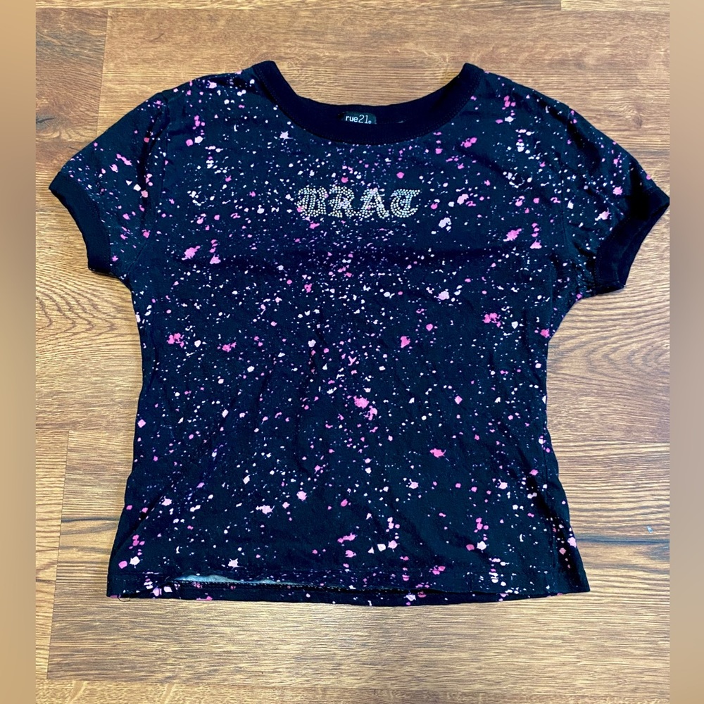 Rue 21 BRAT Pink & Black Splatter Paint Crop Top- Juniors M